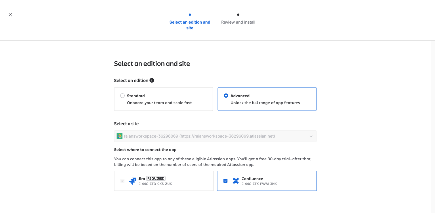 Atlassian Marketplace install screen showing Jira (Required) and Confluence checkbox selected