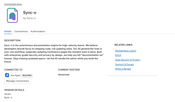 Sync-o app details showing Connected to Jira Apps (Required)