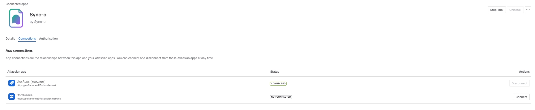 Connections tab showing Jira Apps as Connected and Confluence as Not Connected