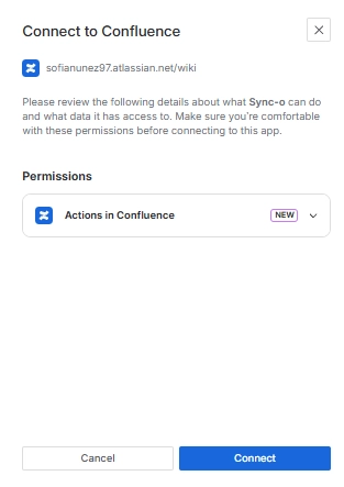 Connect to Confluence dialog showing Actions in Confluence permission with Connect button